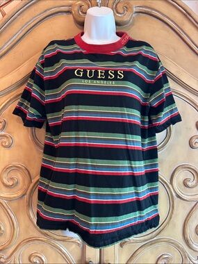 GUESS Multicolor Striped Short-Sleeve Tee with Red Crewneck